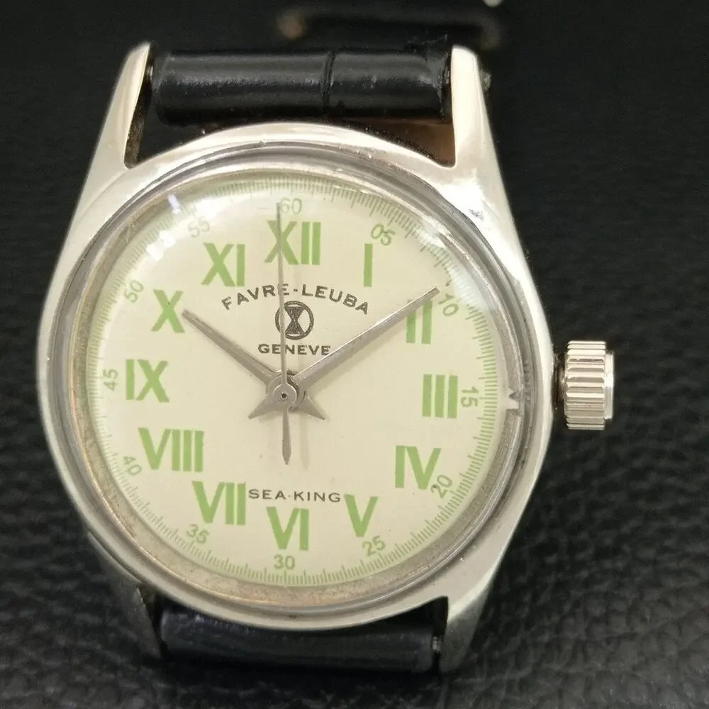Vintage 1978 Favre Leuba Manual Mens Silver Watch W/Leather Strap